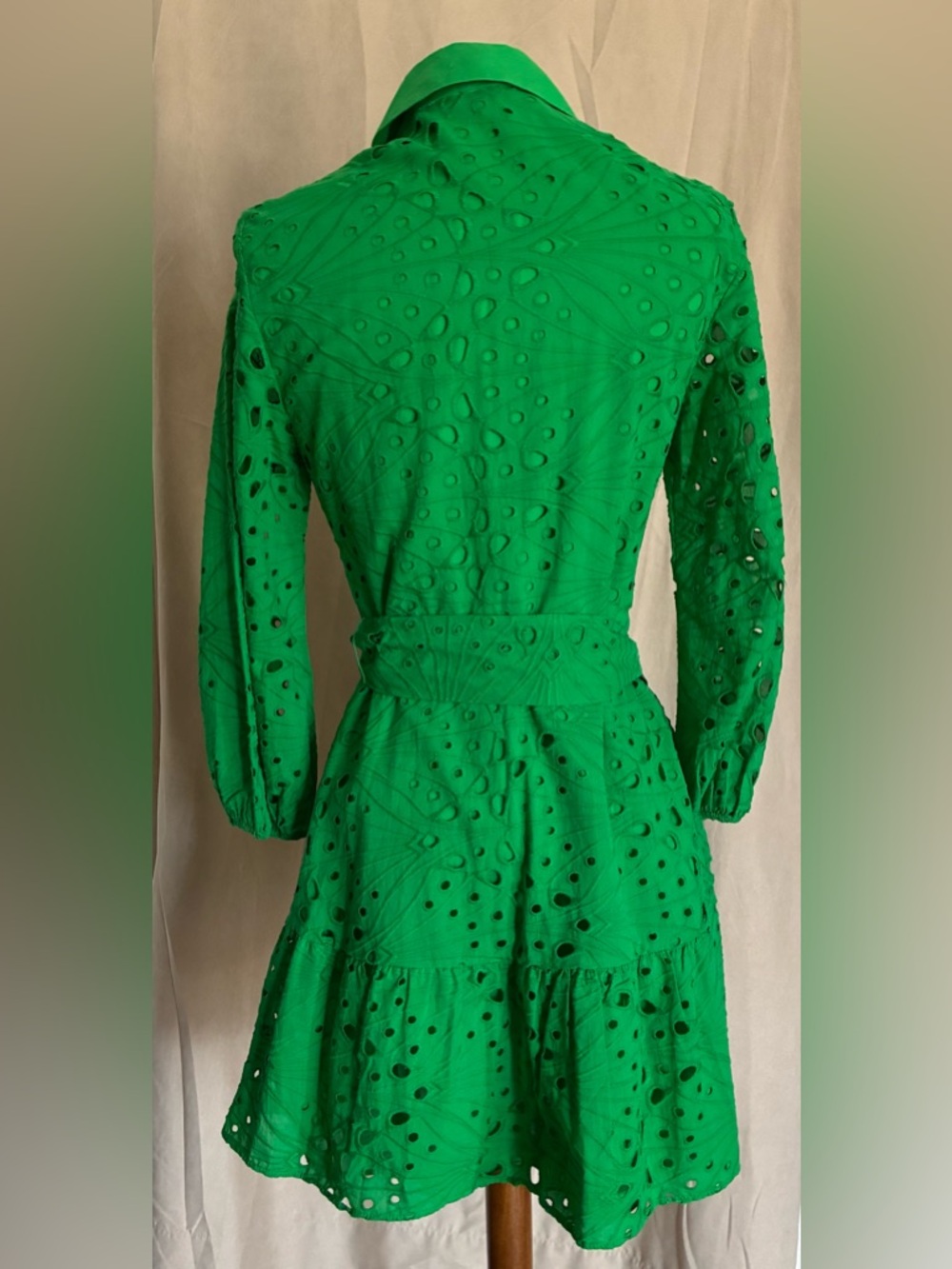 Zara Bright Green Eyelet Long-Sleeve Shirt Dress with Belt - Picture 2 of 7